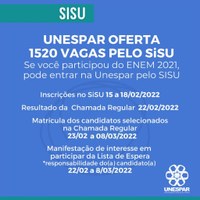 Inscrições para SiSU iniciam dia 15 de fevereiro Unespar oferta 1520