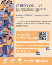Card informativo com fundo bege claro. À esquerda, uma faixa vertical reúne ilustrações de pessoas segurando livros, cadernos, celular e materiais de estudo. À direita, o texto informa: “Curso Online: Curso de Formação para Integrantes de Bancas de Heteroidentificação”. Em destaque, a informação: “40 vagas ofertadas para comunidade externa”. Abaixo, consta que o curso tem 20 horas, divididas em cinco módulos de quatro horas, com atividades síncronas e assíncronas. Em um quadro laranja, aparecem as inscrições de 14 a 17 de setembro de 2026, acompanhadas de um QR Code. Na sequência, são informadas as datas dos encontros: 3, 10, 17, 24 e 31 de outubro de 2026, das 9h às 11h. Na parte inferior, estão as logomarcas do Nera, Cedh, DDH, Propedh e Unespar.